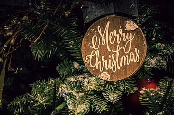 Close-up of a Merry Christmas ornament on a decorated fir tree, evoking festive holiday spirit. HD wallpaper