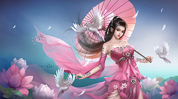Walking with Doves, art, , girl, doves, woman, pink, digital, fantasy, pretty HD wallpaper