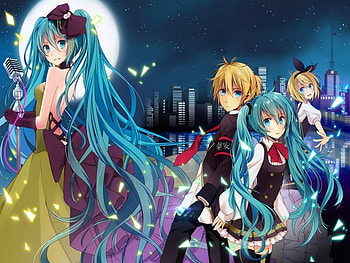Night Concert!!!!, Concert, Kagamine Lne, Short Hair, Full Moon, Hatsune Miku, Town, Girls, Night, Song, Cute, Kagamine Rin, Boy, Blonde Hair, Long hair, Blue hair HD wallpaper
