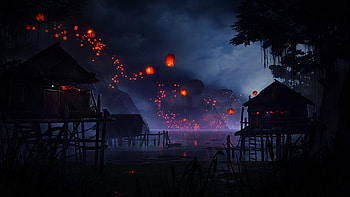 Lake, night, huts, lanterns HD wallpaper