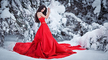 Beautiful Woman in Winter, winter, Brunette, pretty, snow, Model, red gown, lovely HD wallpaper