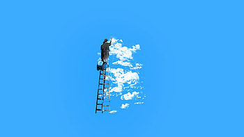 The painter of clouds, blue, white, situation, minimalism, vector, funny, painter, cloud HD wallpaper