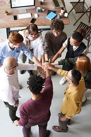 A diverse group of professionals joins hands in a team-building exercise indoors. HD phone wallpaper