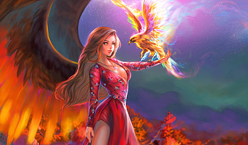Fantasy Girl With Phoenix, phoenix, fantasy-girls, artist, artwork, digital-art, bird, colorful HD wallpaper