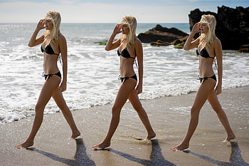 Triple the Pleasure on Malibu Beach, bikini, model, blonde, beach HD wallpaper