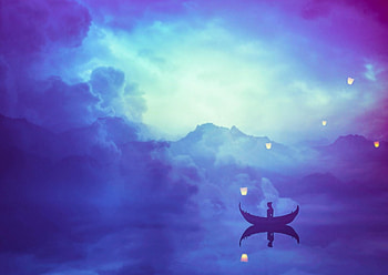 Tranquility, blue, boat, girl, purple, mist, pink, nikita gill, fantasy, sky, lantern, water, cloud HD wallpaper