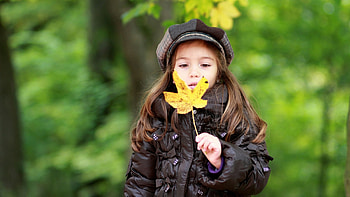Cute Little Girl Is Holding Yellow Leaf In Hand Wearing Black Jacket And Cap In Green Blur Background Cute HD wallpaper