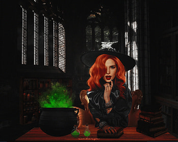 Sweet Witch, halloween, fantasy, girl, redhead, nurgul kandemir, hat, witch, pot, dark HD wallpaper