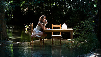A Good Book, table, lady, book, stream HD wallpaper