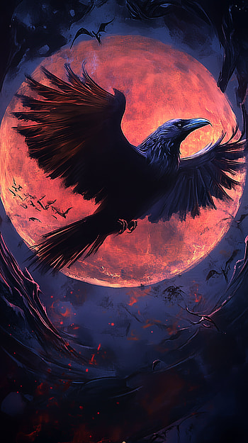 Raven’s Flight Under the Blood Moon – Stunning , raven, moon HD phone wallpaper