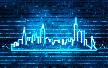 New York blue neon silhouette, , blue neon lights, New York skyline silhouette, blue brickwall, american cities, neon skyline silhouettes, USA, New York silhouette, New York, NYC HD wallpaper