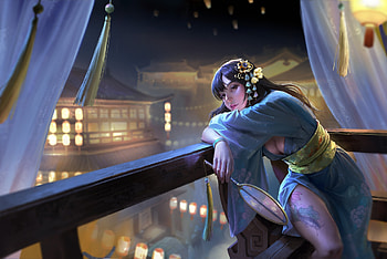Girl with tattoo and hand fan, terrace, blue, frumusete, asian, gorgeous, girl, wang xiao, balcony, superb, hand fan, fantasy, yellow, evantai, luminos HD wallpaper