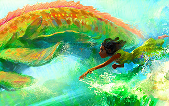 swimming together, swimming, sea monster, warter, art, girl, monster, green monster, water, together, female HD wallpaper