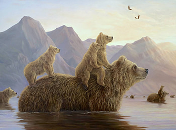 Crossing, art, cub, bear, urs, pictura, robert bissell, water, lake, painting HD wallpaper