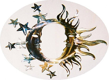 Metal Sculpture, moon, art, metal, sculpture, stars, sun HD wallpaper
