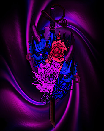Purple Oni, broken, electric blue, magenta, flowers, demons, flower, eye, red, sword, china, katana, background, , manga, , mask HD phone wallpaper