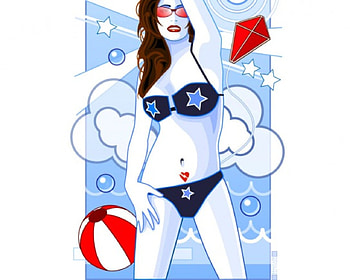 Beach Life, beachball, clouds, bikini, vector, sky, sun, woman HD wallpaper