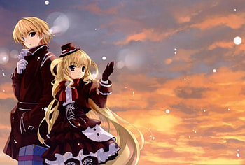 First Snow, siblings, anime girl, snow, sunset HD wallpaper