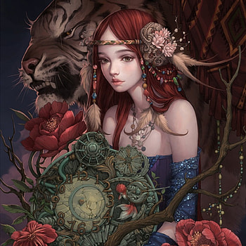 Rhapsody, awesome, sublime, floral, lovley, red hair, long hair, beauty, nice, lady, cg, flower, fantasy girl, maiden, , female, blossom, tiger, gorgeous, girl, beautiful, swee, fantasy, pretty, redhead, realistic HD wallpaper