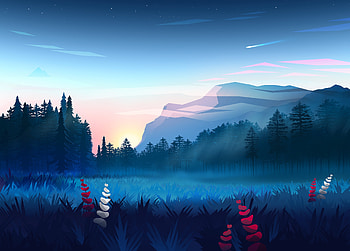 Lawn, meadow, forest, mountains, art HD wallpaper