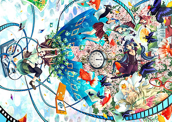 Fantasy, digital, wing, magical, flower, glasses, short hair, gold fish, clock, fish, female, sexy, house, hot, blue hair, girl, petal, hand, anime girl, anime, brown hair, sakura blossom, animal, cute, film, long hair, butterfly, camera, cherry blossom, wings, magic, cd, sakura, building, girls HD wallpaper