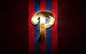 Philadelphia Phillies emblem, MLB, golden emblem, red metal background, american baseball team, Major League Baseball, baseball, Philadelphia Phillies HD wallpaper