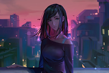 Beautiful art, anime girl, dawn, city HD wallpaper
