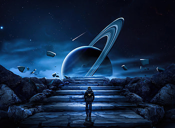 Mission on saturn, stairs, walk, fantasy, artwork HD wallpaper