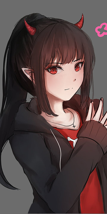 horns, black hair, long hair, red eyes, Anime, Original HD phone wallpaper