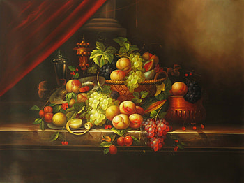 Forbidden Pleasures, table, lemons, grapes, plums, curtain, vines, peels, peaches, fruit, containers, bowl HD wallpaper