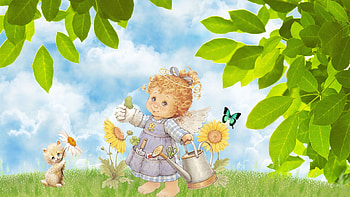 Summers Angel, kitten, little girl, kitty, cat, angel, grass, spring, butterflies, leaves, butterfly, clouds, trees, flowers, sky HD wallpaper
