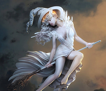 by Nell Fallcard, halloween, white, fantasy, nell fallcard, girl, witch HD wallpaper