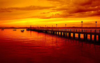 Sunset, sea, landscape, colors, pier, boats, clouds, nature, sky, ocean HD wallpaper