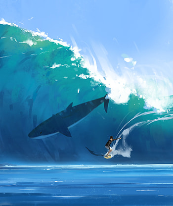 Art, Serfing, Wave, Surfer, Shark HD phone wallpaper
