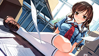 Clumsy, cute anime girl, cute anime, brunette, uniform, school uniform, long hair, anime girl, knee socks, blushing, blush, knee highs HD wallpaper