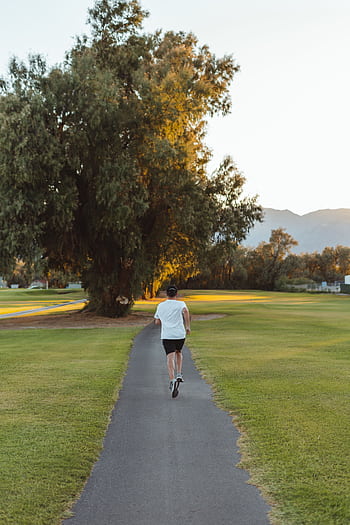 A person jogging on a serene morning path in a sunlit park surrounded by nature. HD phone wallpaper