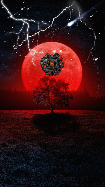 Dark nature, atmosphere, red, sky, tree, armenia, stars, coat-of-arms HD phone wallpaper