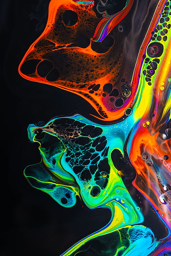 Colorful neon fluid art with dynamic swirls and bold contrasts in acrylic paint. HD phone wallpaper