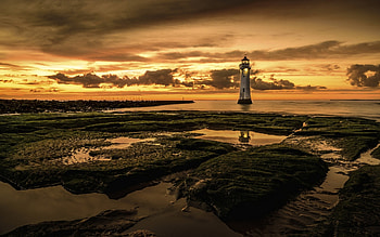 Lighthouse in Golden Horizon, Nature, Sun, Horizon, Lighthouses, Clouds, Sky HD wallpaper