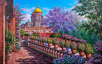 San Miguel Allende, artwork, painting, trees, blooming, flowers, church, pots HD wallpaper