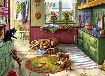 Pup's Playground, dog, artwork, painting, pups, kitchen, cat HD wallpaper