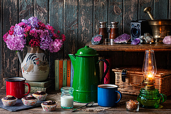 Still life, Lamp, Hydrogen, Cupcakes, Books HD wallpaper
