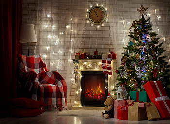 Christmas Fireplace, Holiday ambiance, Gift-filled room, Decorated tree HD wallpaper