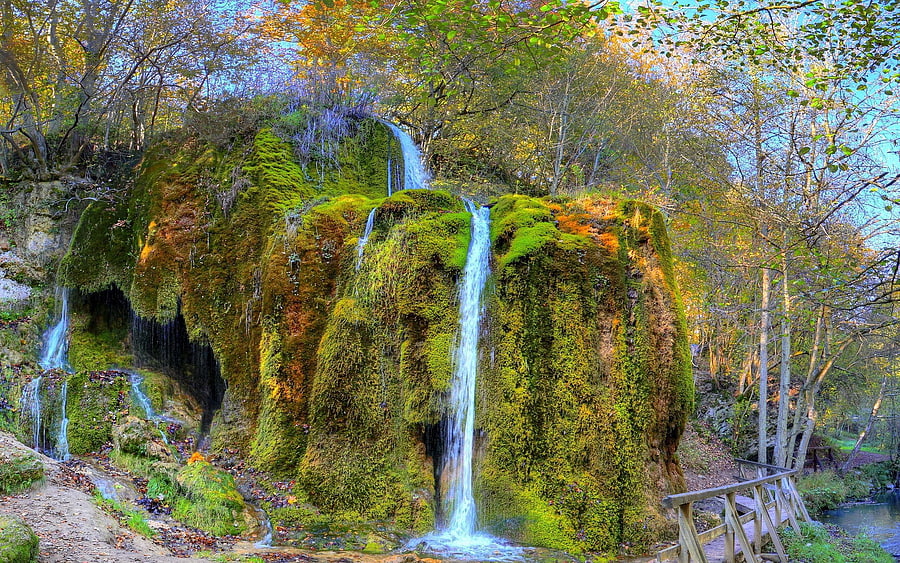 Nature, Trees, Grass, Waterfall, Foam HD wallpaper