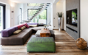 stylish interior design, living room, country house, loft style, gray concrete wall, loft living room, modern interior design, spiral staircase HD wallpaper