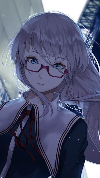 long hair, school uniform, blue eyes, white hair, glasses, Anime, Original HD phone wallpaper