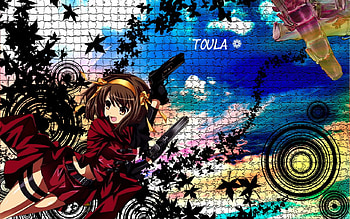 Puzzle, cute, melancholy of haruhi suzumiya, dress, the melancholy of haruhi suzumiya, abstract, short hair, gun, female, sexy, pistol, ribbon, yellow eye, hot, girl, anime girl, haruhi suzumiya, anime, sos brigade, brown hair, weapon HD wallpaper