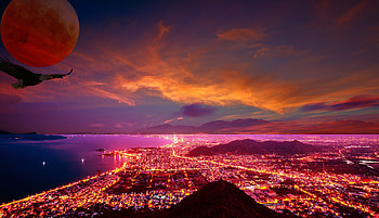 City Lights Sky Beach, artist, artwork, digital-art, eagle HD wallpaper