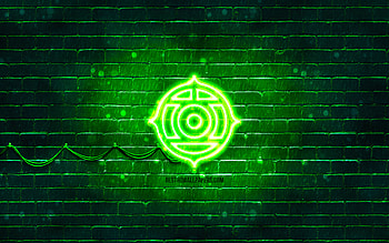 Hitachi green logo, , green brickwall, Hitachi logo, brands, Hitachi neon logo, Hitachi HD wallpaper