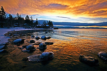 Lake Tahoe at Sunset, painting, clouds, trees, sky, water, stones HD wallpaper